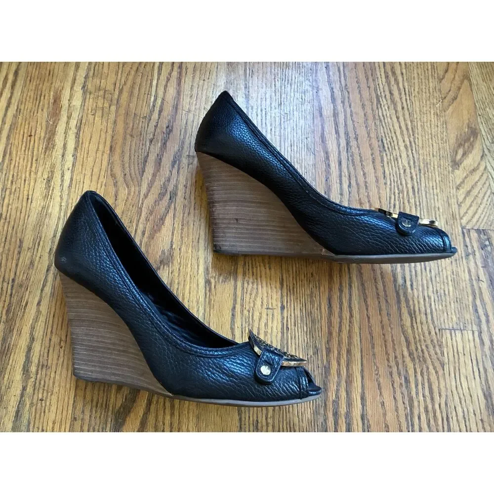 Tory Burch Amanda Black Leather Logo Peep Toe Wedge Heels Shoes  Women's Size 11